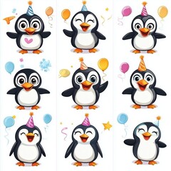 Naklejka premium Playful Birthday Penguins Series: Adorable Cartoon Penguins Celebrating with Colorful Balloons and Party Hats in a Cheerful Atmosphere, Perfect for Children's Themed Events and Celebrations