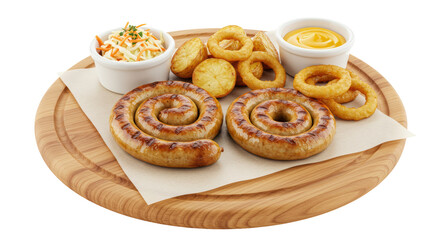 Isolated Sausages with Sauce on Wood Plate