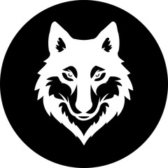 Monochromatic wolf emblem design set against a stark black circular background