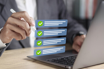 Checklist concept. Checklist work check, questionnaire or project evaluation. Online survey form completion corporate. Person checking mark in checklist on virtual screen.