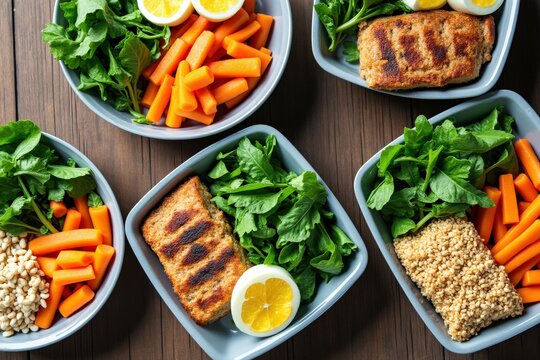 A colorful meal prep featuring grilled salmon, fresh greens, carrots, and lemon, arranged in four bowls on a wooden table.