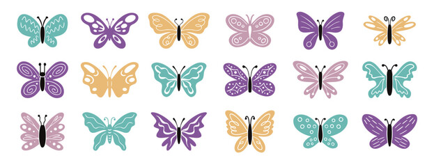 Cute boho doodle hand drawn butterfly pastel colors set