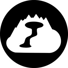 Abstract depiction of a mountain landscape with a flowing river emblem