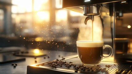 Brewing of coffee as rich liquid flows into a clear cup, illuminated by warm sunlight in a contemporary cafe