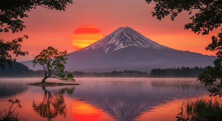 Mountains reflected in a misty lake at sunrise, framed by trees.