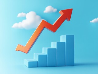 Growth Chart with Orange Arrow and Blue Bar Graph on Blue Background
