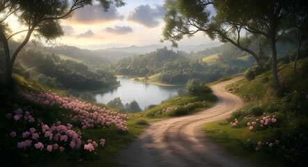 Obraz premium Winding Path to the Lake in Golden Sunset