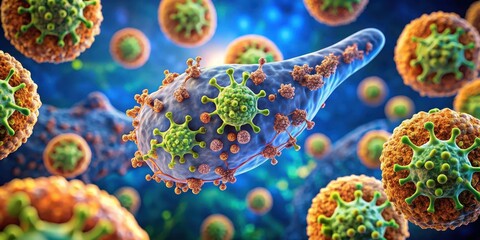 Obraz premium Close-up of Langerhans Islet beta cells producing insulin in the pancreas, pancreatic, organ, pancreatic, organ