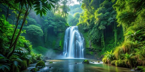 Fototapeta premium waterfall in dense jungle surrounded by tall trees and vines, nature, lush, nature, lush, ancient trees