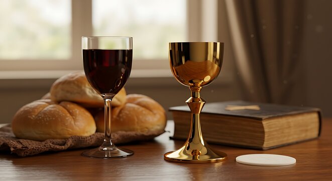 Holy communion, Good Friday service in church. Receiving Communion. Glass cup with red wine, bread, and Holy Bible alongside a Cross. Concept of the Feast of Corpus Christi. Holy communion worship