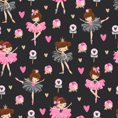Pattern with cute ballerinas in different poses and with flowers, children's design for printing on fabrics and decoration.