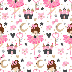 Seamless pattern with hand drawn ballerinas and fairytale elements. Print on children's clothing and wrapping paper.