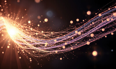 Obraz premium vibrant display of subatomic particles and energy waves, showcasing dynamic movement and light in dark background, creating sense of wonder and exploration