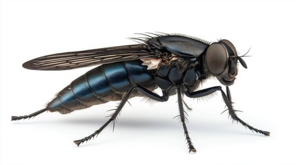 A jet-black horsefly with a robust body and striking blue-tinted wings. Its strong legs are covered in fine bristles, and its large, deep brown eyes reflect subtle highlights. 