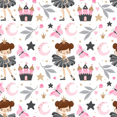 Seamless pattern with cute ballerina and other fairytale elements. Vector illustration in children's style.