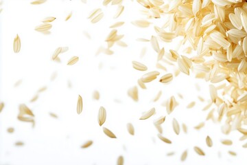 Obraz premium Floating Grains of Jasmine Rice Captured in a Macro View with White Background, Emphasizing the Delicate Texture and Vibrant Nature of Uncooked Rice for Culinary Imagery and Advertising