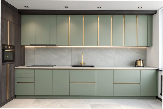 Stylish home kitchen interior with sink and stove, panoramic window