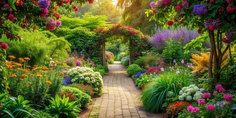 Serene pathway meandering through vibrant blooms and lush foliage