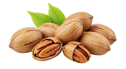 Isolated Pile of Pecan Nuts with Leaves