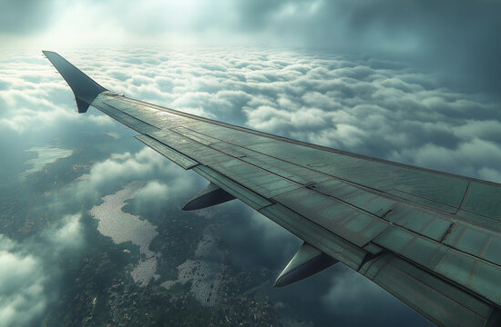 Airplane Wing Over Ocean Under Cloudy Sky