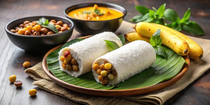 Traditional South Indian puttu made of rice flour and coconut served with a side of ripe banana and spicy kadala curry made from chickpeas , coconut, south indian food