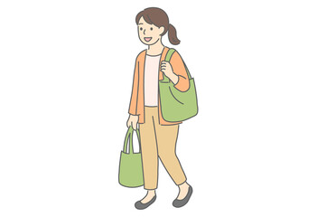 Illustration of a Woman Walking with Reusable Shopping Bags