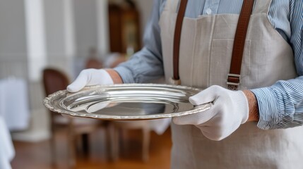 A gloved waiter presents an empty silver tray, poised for service in an upscale restaurant.

