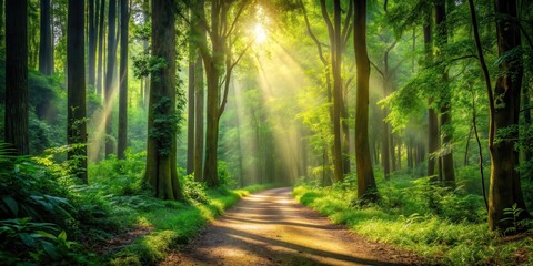Fototapeta premium A serene path winding through a lush forest with tall trees and dense foliage surrounding it, illuminated by the soft filtering light of dappled sunlight, scenic, outdoor