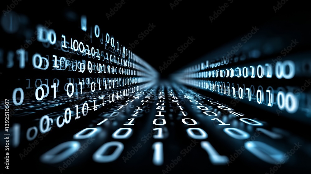 Poster a digital backdrop featuring blue binary code and luminous streaks on a black canvas, symbolizing th