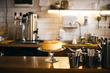 Sponge cake in the interior of a cafe kitchen. Small business concept. Bakery.