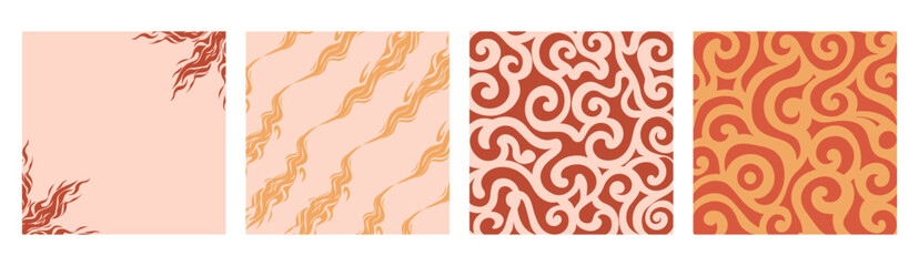 Set of Groovy Background with Flames and Curved Lines , Retro Style Vector Illustration