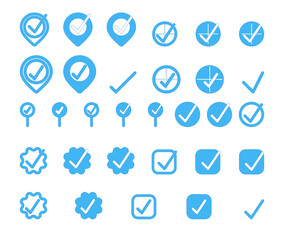 Vector location pin icons with check mark in badge style and flat blue design