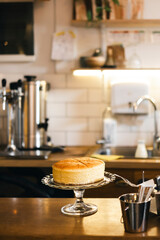 Sponge cake in the interior of a cafe kitchen. Small business concept. Bakery.