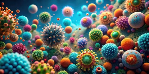 Microscopic world of colorful viruses and microorganisms in a cellular landscape with various shapes and sizes