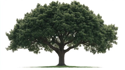 Obraz premium A large oak tree with a wide, expansive canopy of leaves, isolated on a white background. 