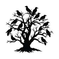 Flock of crows on dead tree silhouette vector illustration 