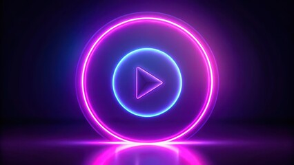 Neon glowing purple play button on black background with neon circle