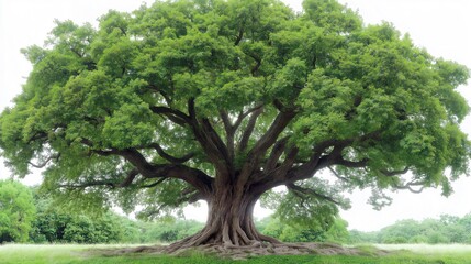 A large oak tree with a wide, expansive canopy of leaves, isolated on a white background. 