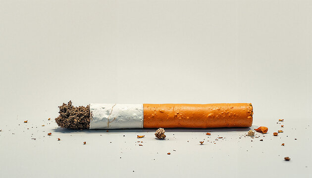 Crushed cigarette with tobacco scattered on white background  