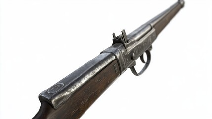 Fototapeta premium A vintage military rifle showcases intricate craftsmanship and historical significance. The beautifully designed firearm reflects an era of warfare. Generative AI