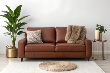 Serta Hemsworth Style Brown Loveseat with Pillows and Plants.