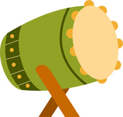 Green Bedug Drum with Orange Accents and Wooden Stand