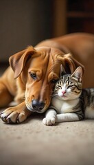 Obraz premium Generative AI portrays the heartwarming bond between a dog and a cat resting together peacefully