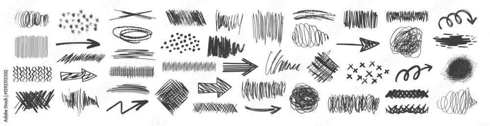 Poster Hand drawn collection of different scribble lines and brush strokes. Marker lines isolated on transparent background. Texture charcoal or pencil drawing. Crayon scribbles set.