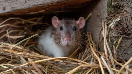 With bright eyes and twitching whiskers, the curious rat peeks from its hole, framed by straw and aged wood.


