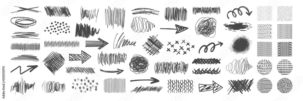 Poster Hand drawn collection of different scribble lines and brush strokes. Marker lines isolated on transparent background. Texture charcoal or pencil drawing. Crayon scribbles set.
