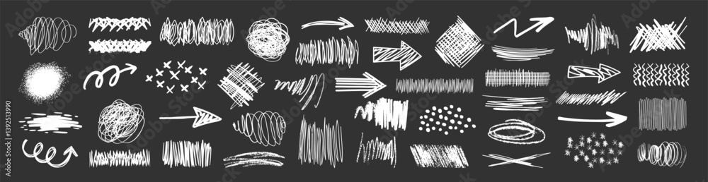 Poster vector set of grungy graphic elements. brush hand drawn scribbles underlines, circles set collection