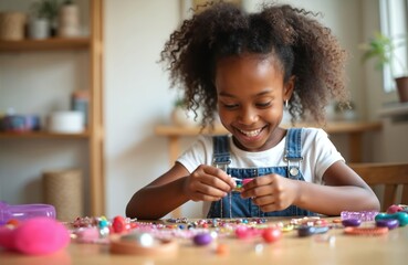 Smiling preteen black girl creates necklaces bracelets. Girl enjoys hobby home. Hand-made jewelry art craft, beading fun, colorful accessories. Preteen girl child makes colorful bracelet. Joyful,
