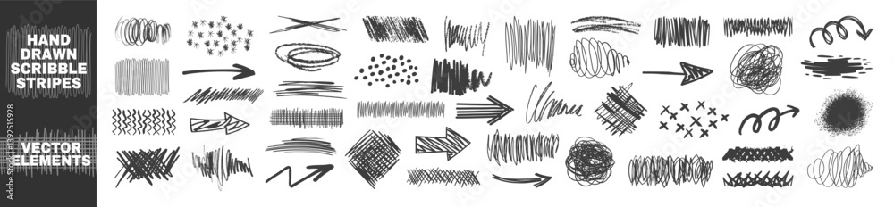 Poster Hand drawn collection of different scribble lines and brush strokes. Marker lines isolated on transparent background. Texture charcoal or pencil drawing. Crayon scribbles set.
