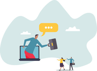 Online consultant, manager giving advice on remote work, online conference or communicate with team via internet .character for design.